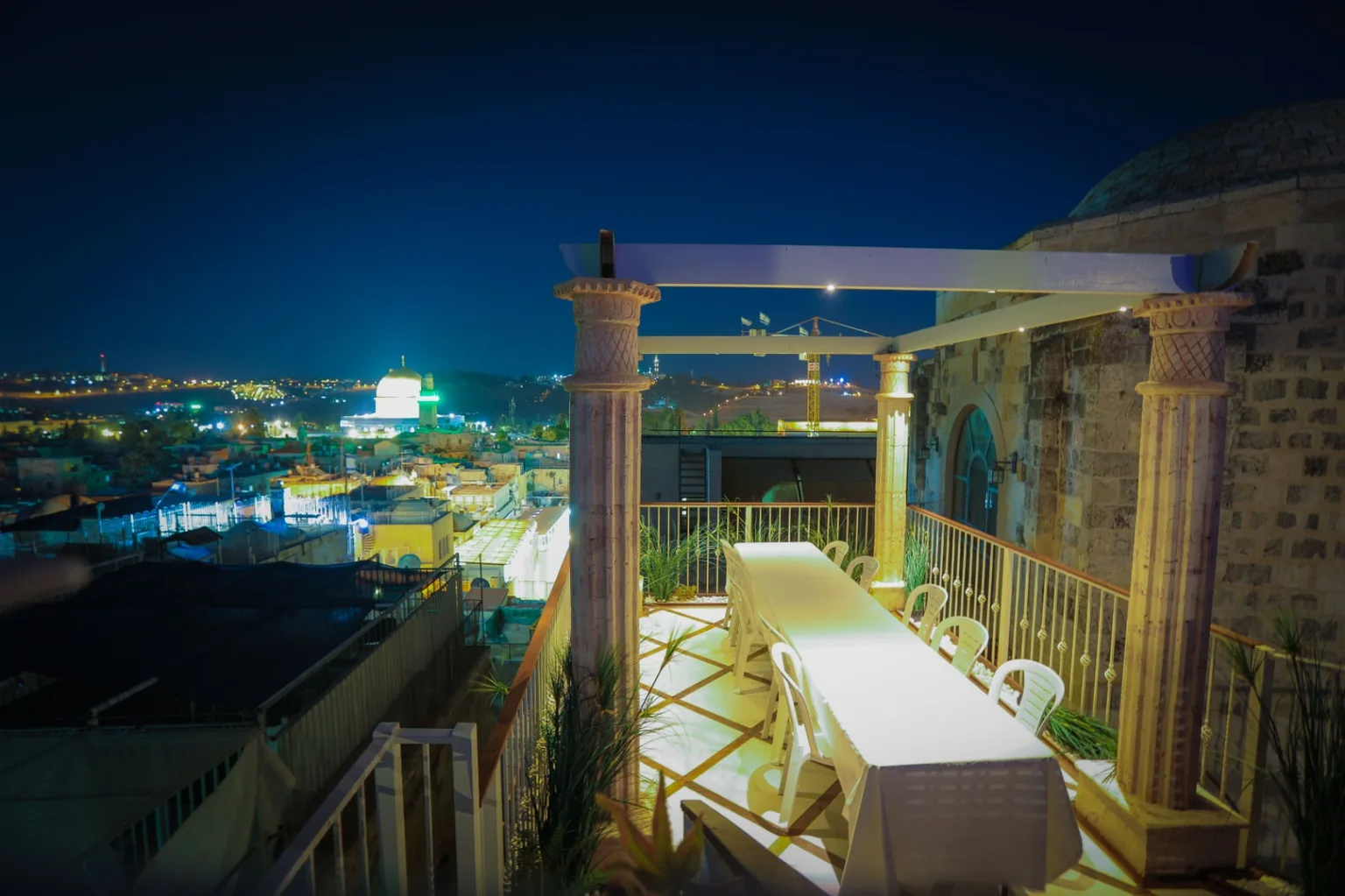 Rooftop terrace overlooking Jerusalem by night (Har Habayit & Kotel view).